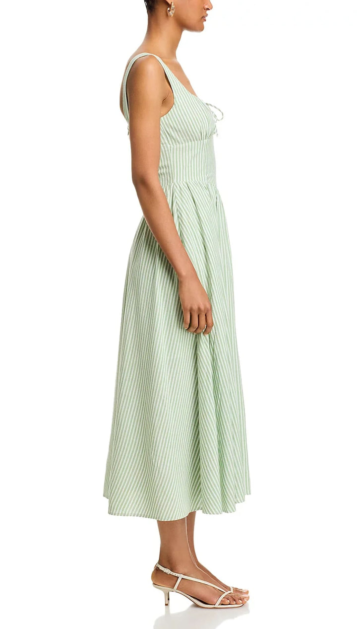 Green and white striped midi dress.