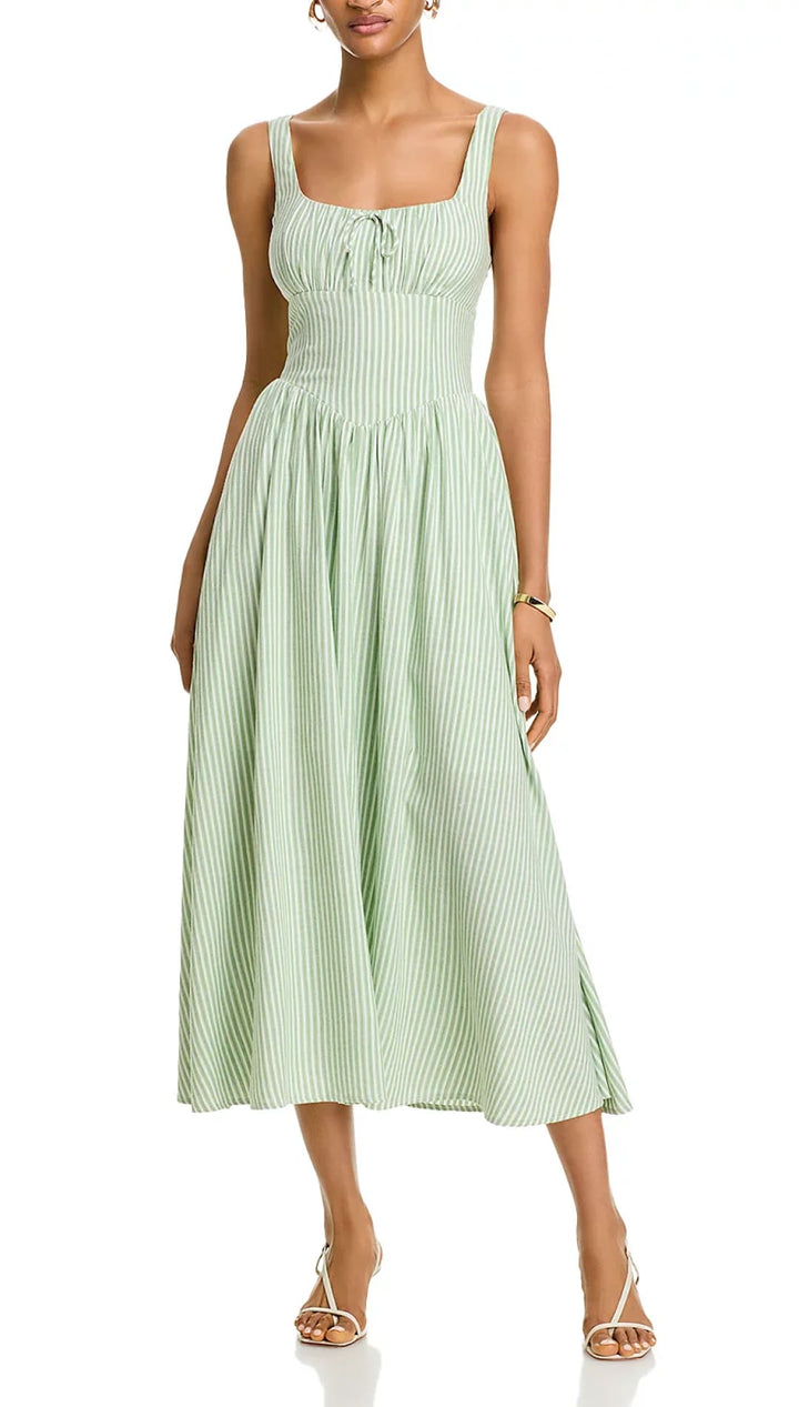 Green and white striped midi dress.