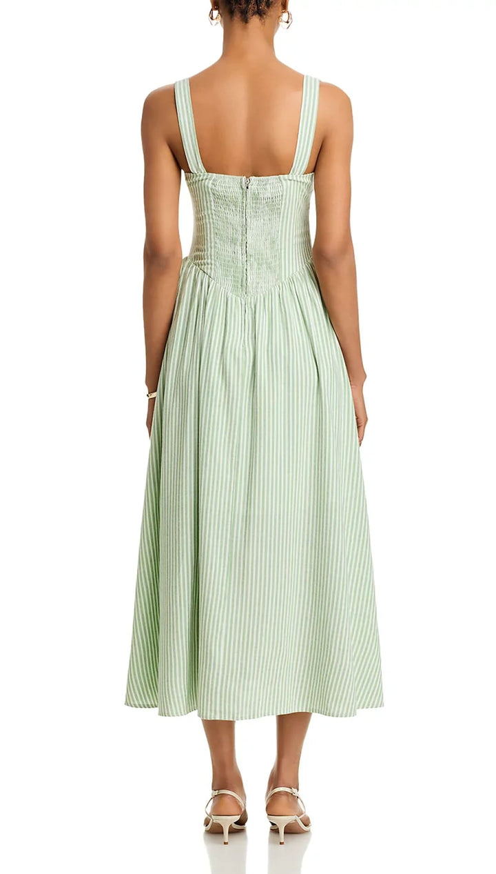 Green and white striped midi dress.