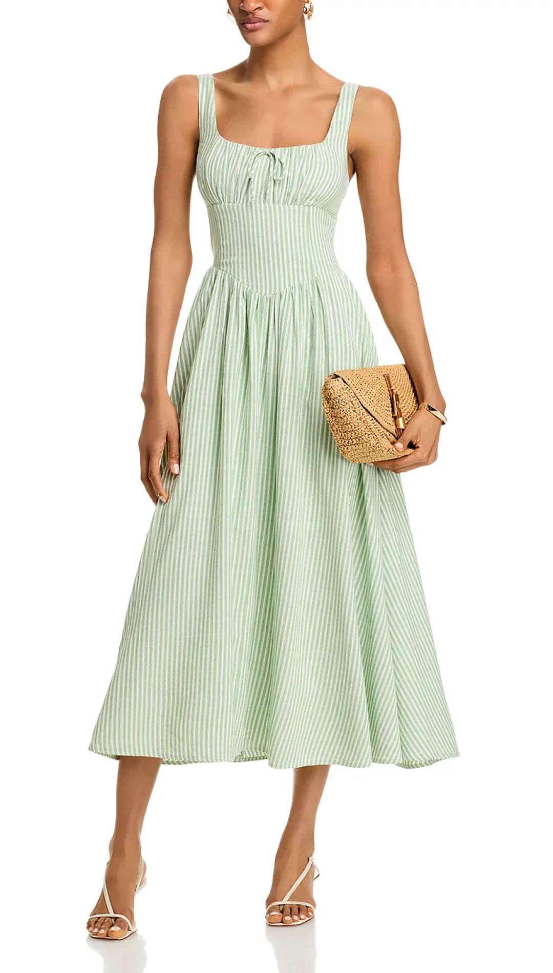 Green and white striped midi dress.