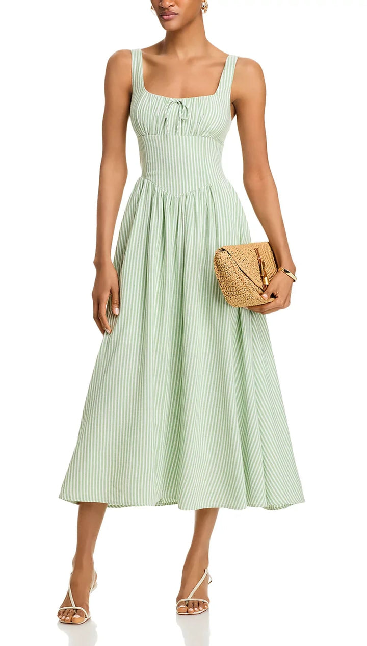 Green and white striped midi dress.