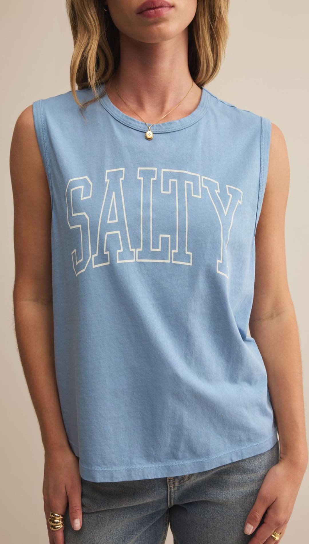 Blue tank top with ’SALTY’ graphic.