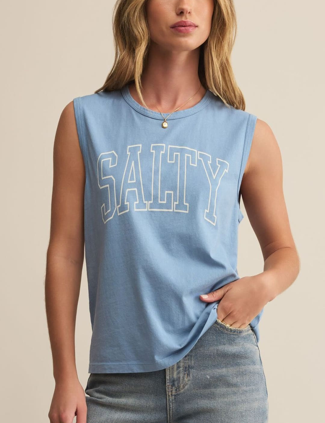 Blue tank top with ’SALTY’ text.