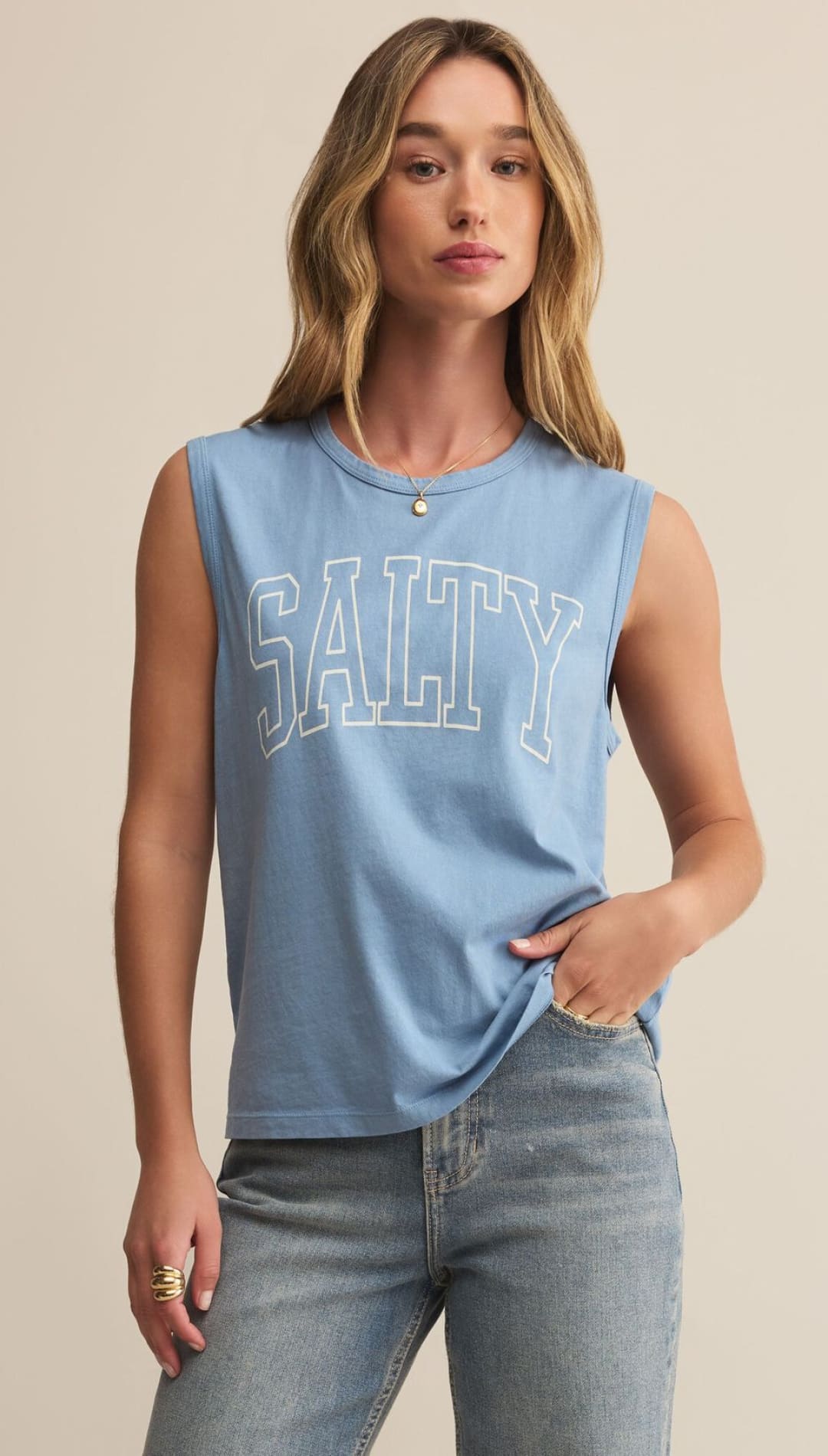 Blue tank top with ’SALTY’ text.