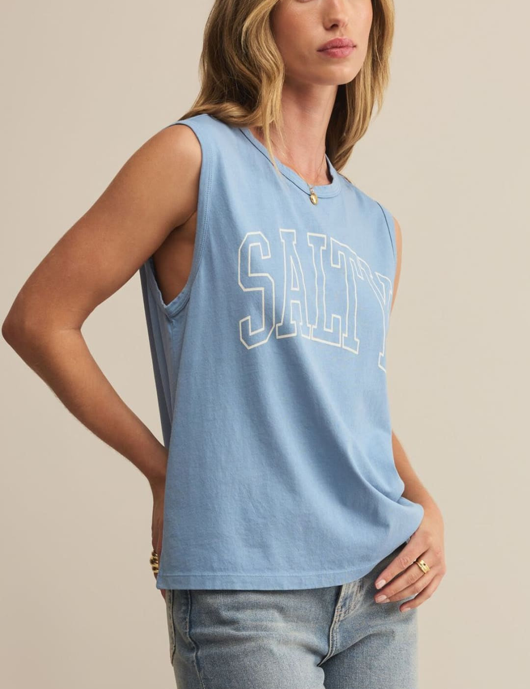 Blue tank top with white lettering.