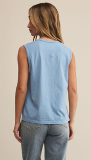Woman’s blue sleeveless top.