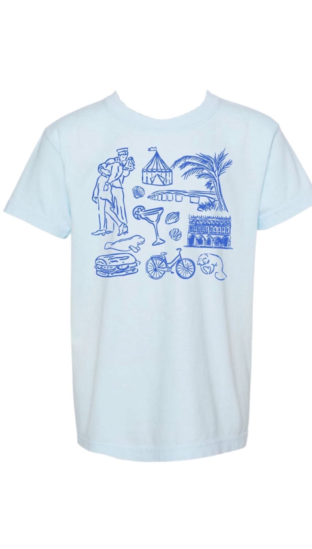 Light blue t-shirt with blue drawings.