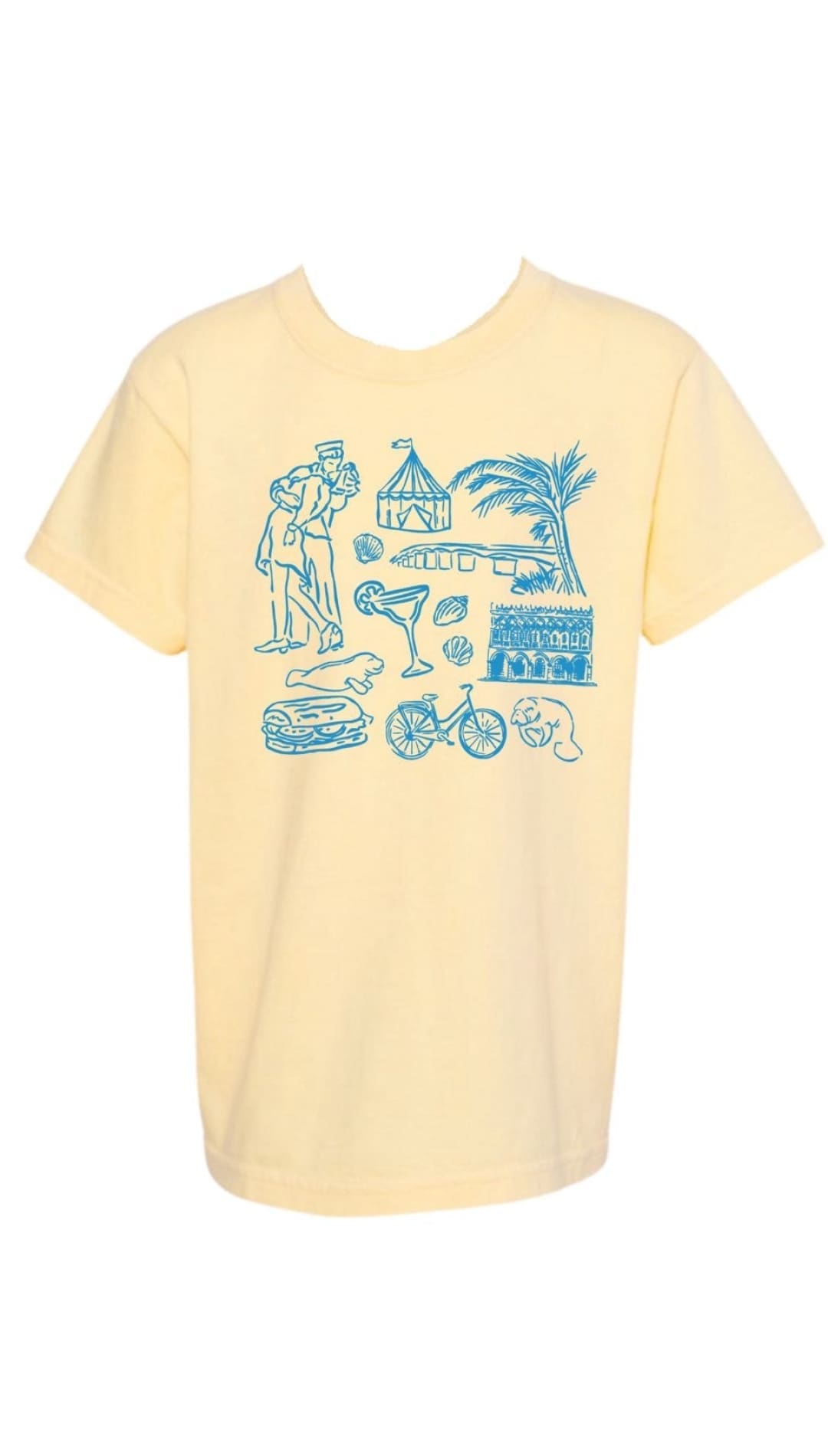 Yellow t-shirt with blue illustrations.