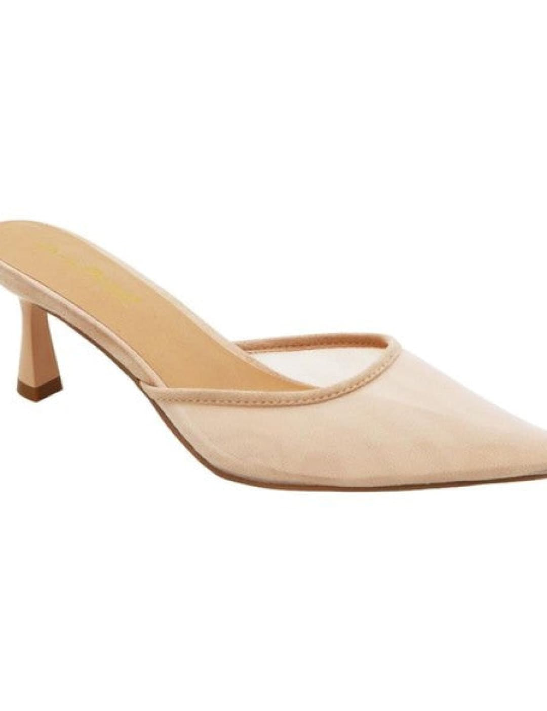 Beige pointed-toe heeled mule.
