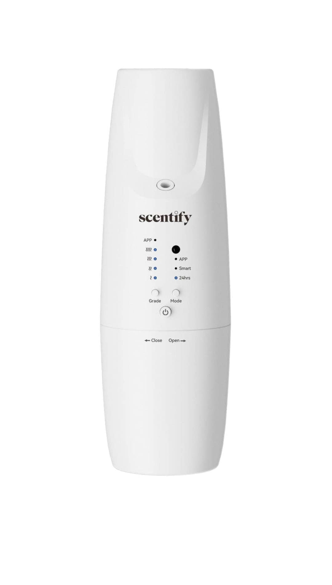 White cylindrical electronic device with minimal button controls and the ’scentify’ brand name.