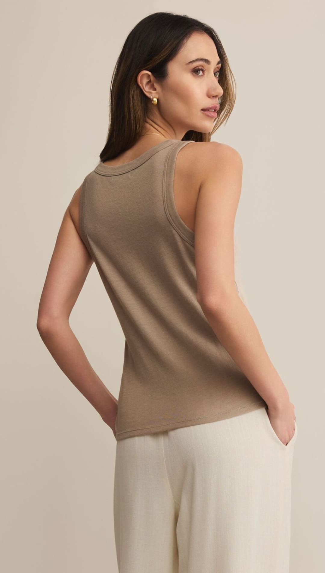 Women’s ribbed knit tank top in a neutral taupe color.