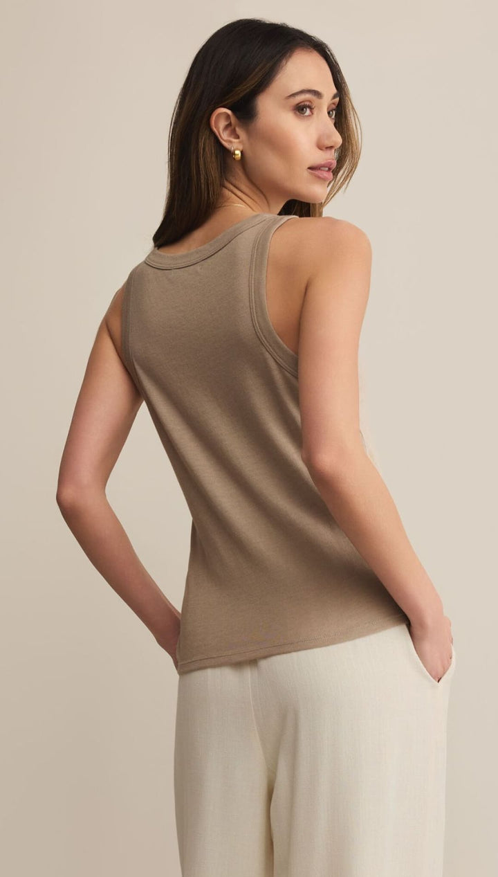 Women’s ribbed knit tank top in a neutral taupe color.