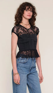 Black lace top with short sleeves and ruffled hem, possibly from free people.
