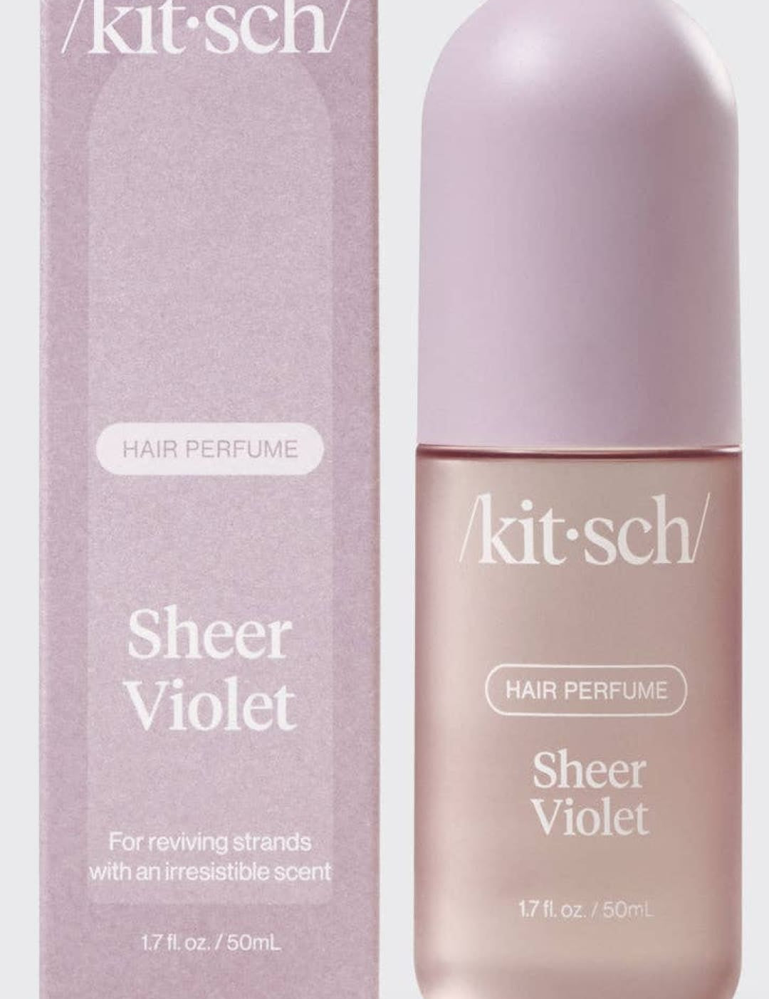 Lavender hair perfume bottle with a sleek, modern design and pink cap.