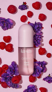 Pink and white nail polish bottle with floral design, kitsch brand.