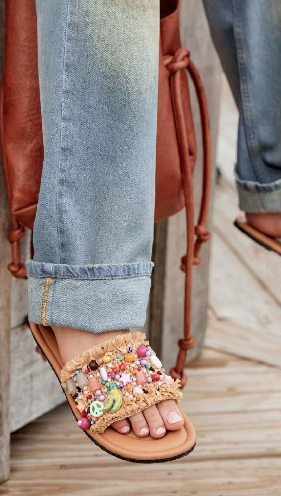 Beaded fringe slide sandals.