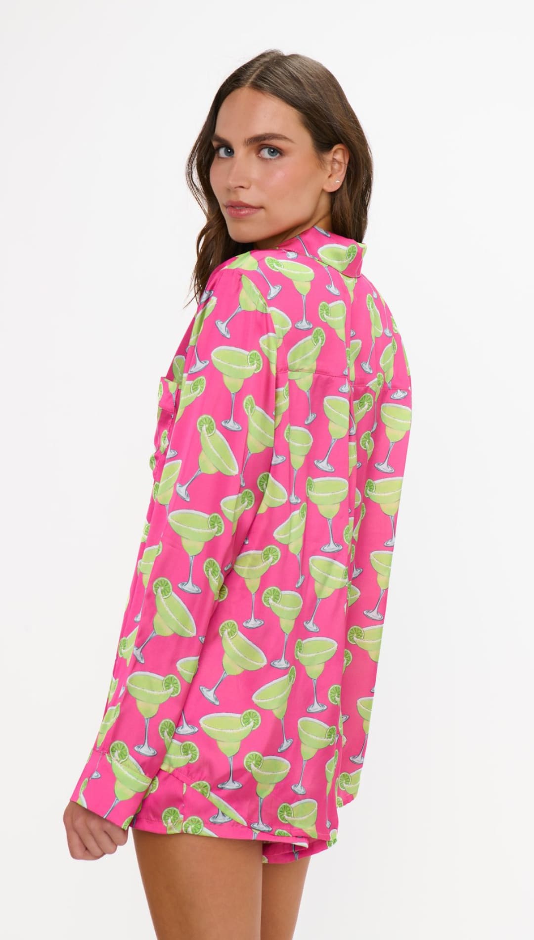 Pink pajama set with margarita pattern.