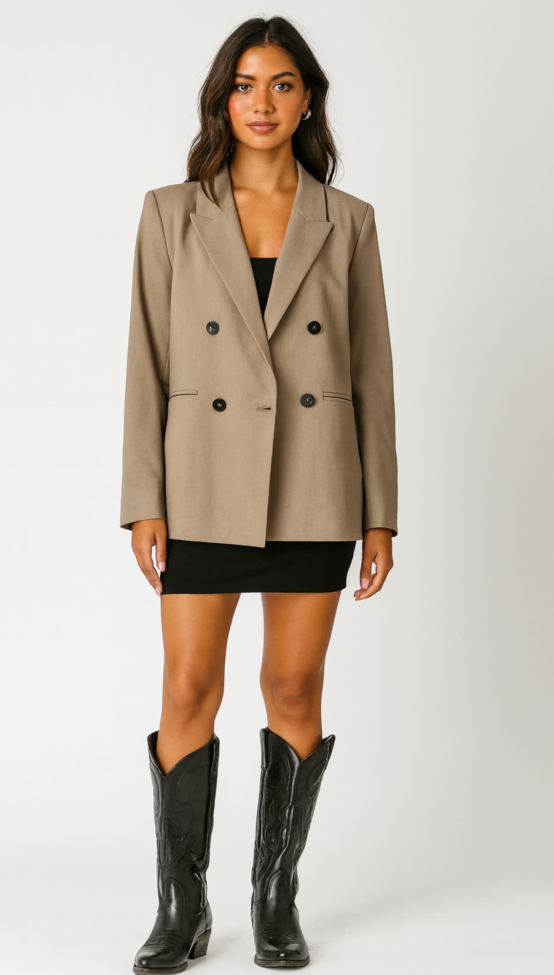 Women’s taupe double-breasted blazer.