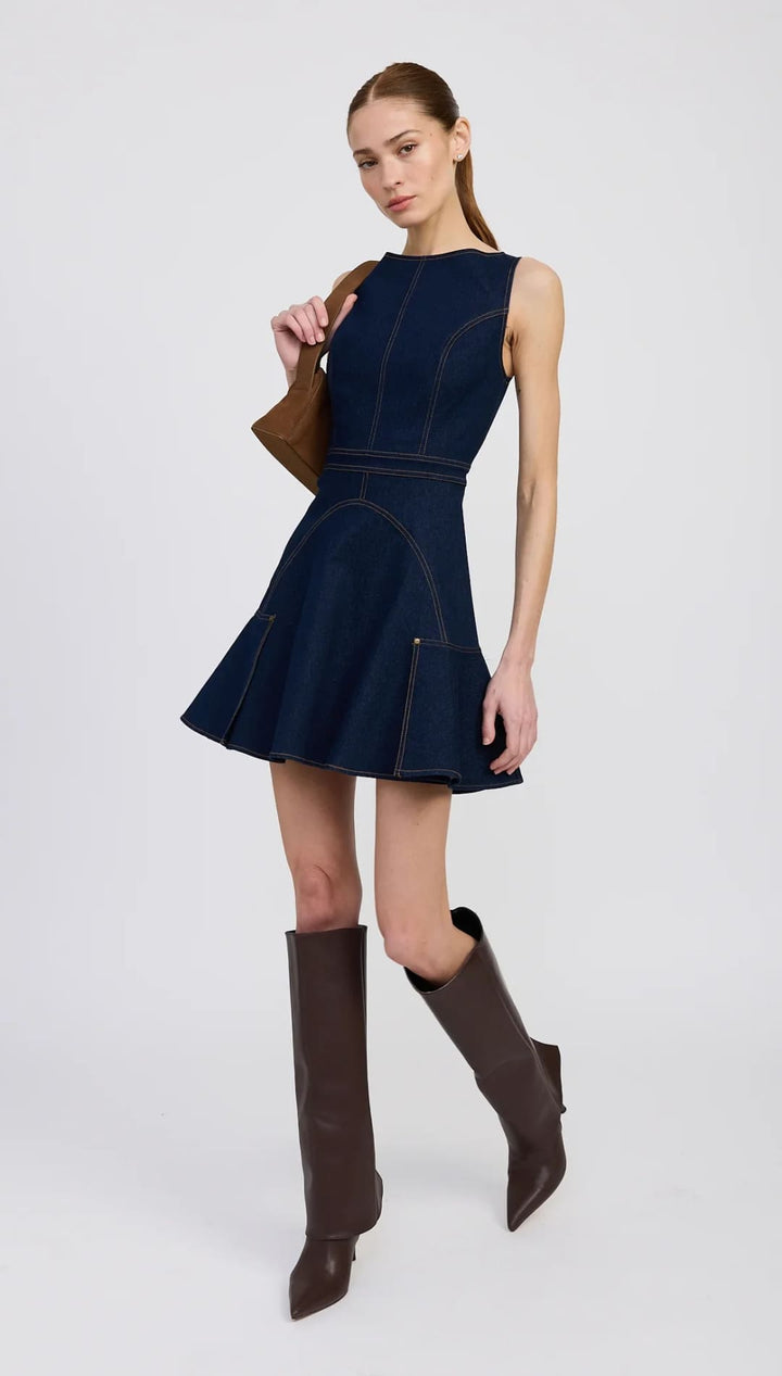 Sleeveless dark wash denim mini dress with a flared skirt and contrasting stitching.