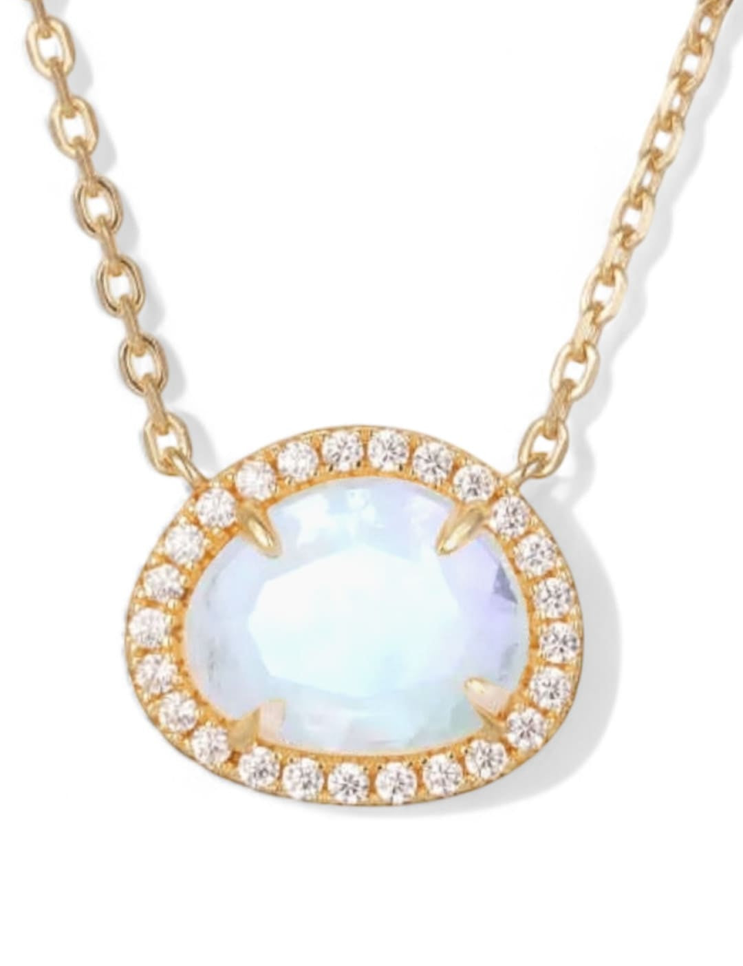 Gold necklace with iridescent gemstone and diamond halo.