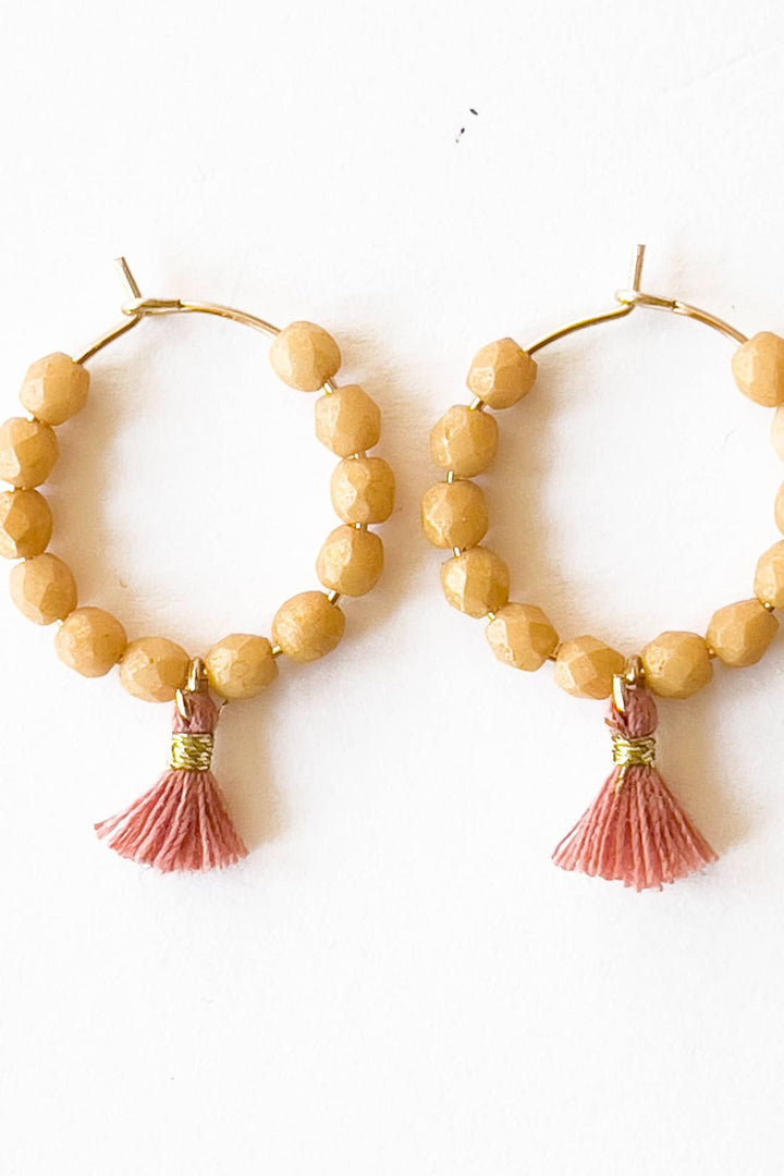 Small Gold Filled Hoops With Beads And Tassels - Caramel - 260 Jewelry