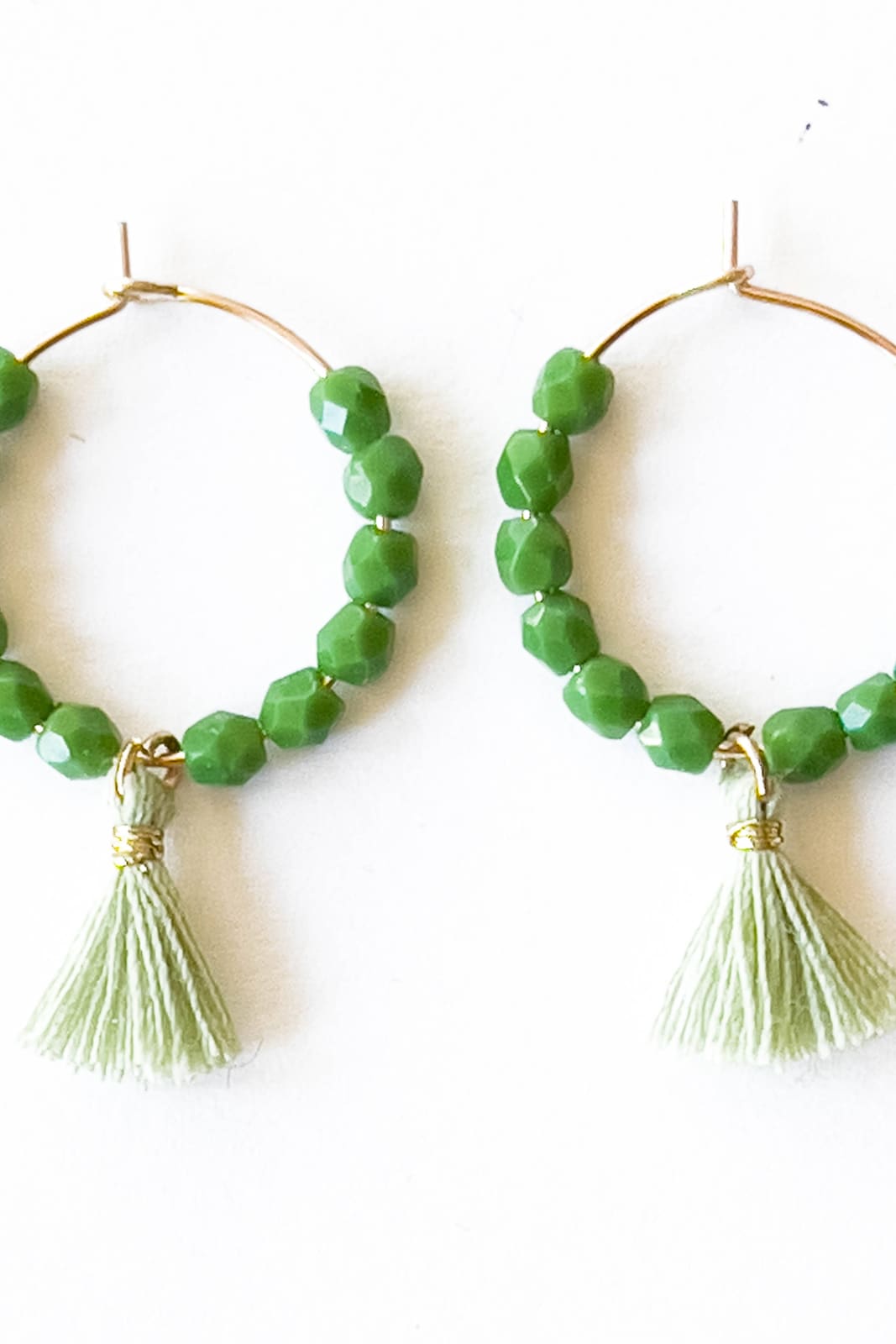 Small Gold Filled Hoops With Beads And Tassels - Green - 260 Jewelry