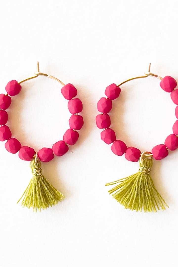 Small Gold Filled Hoops With Beads And Tassels - Magenta - 260 Jewelry