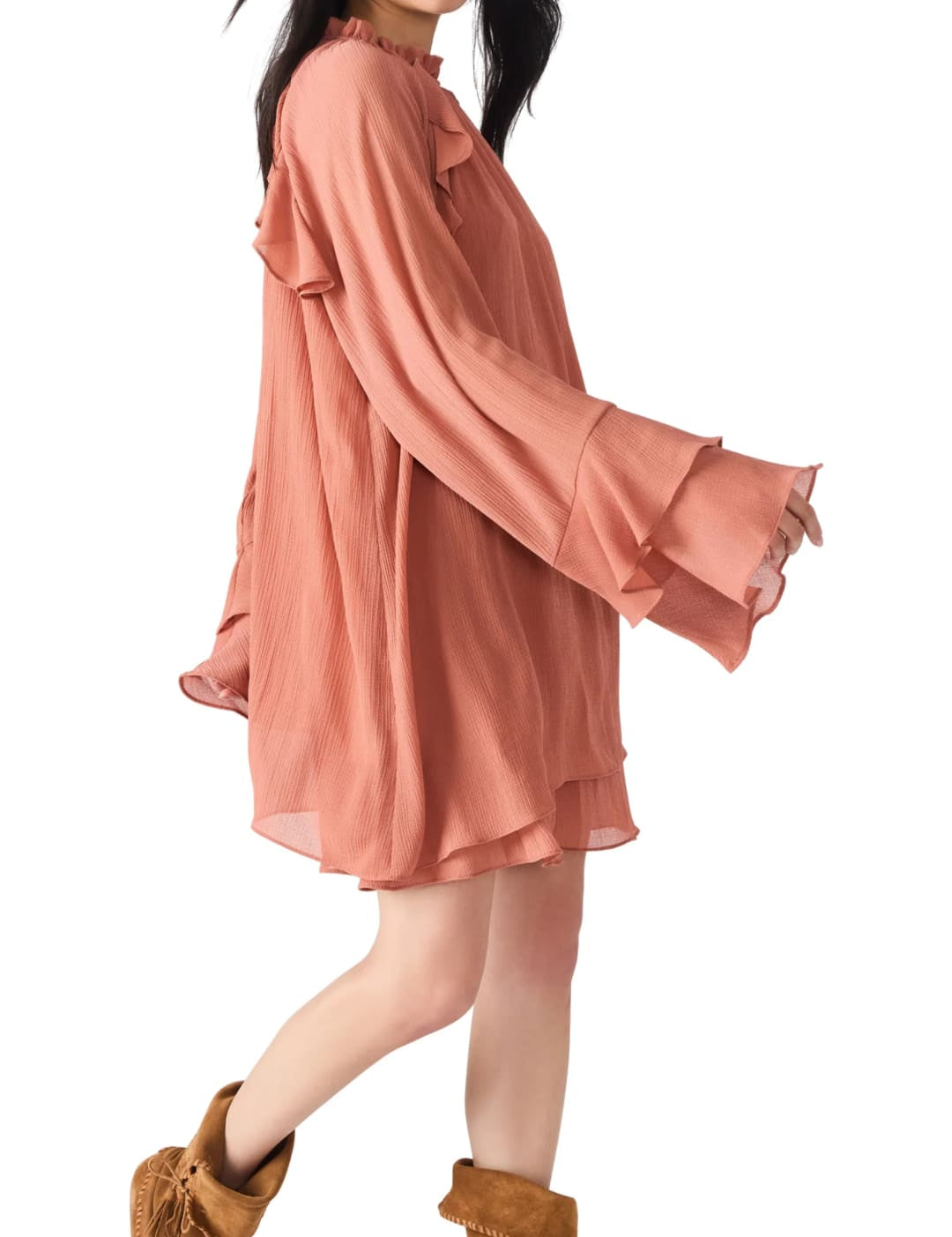 Rust-colored ruffle-detail tunic dress with tiered bell sleeves.