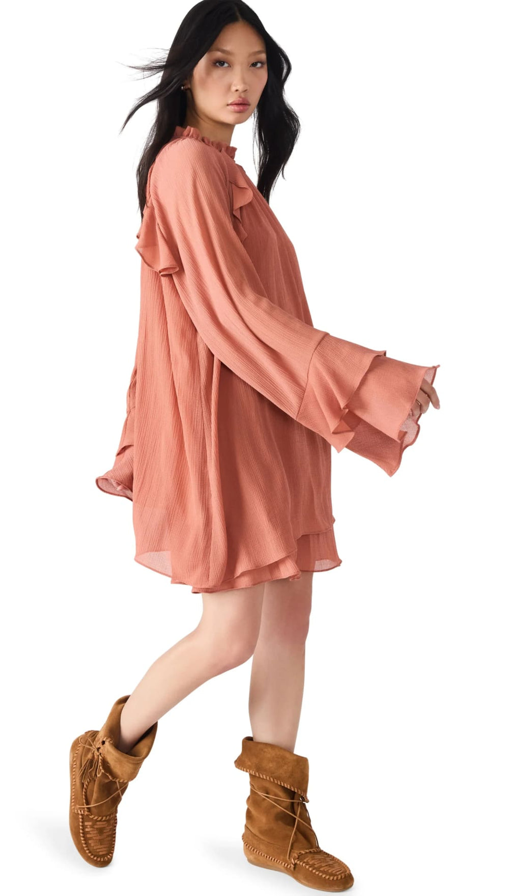 Rust-colored ruffle-detail tunic dress with tiered bell sleeves.