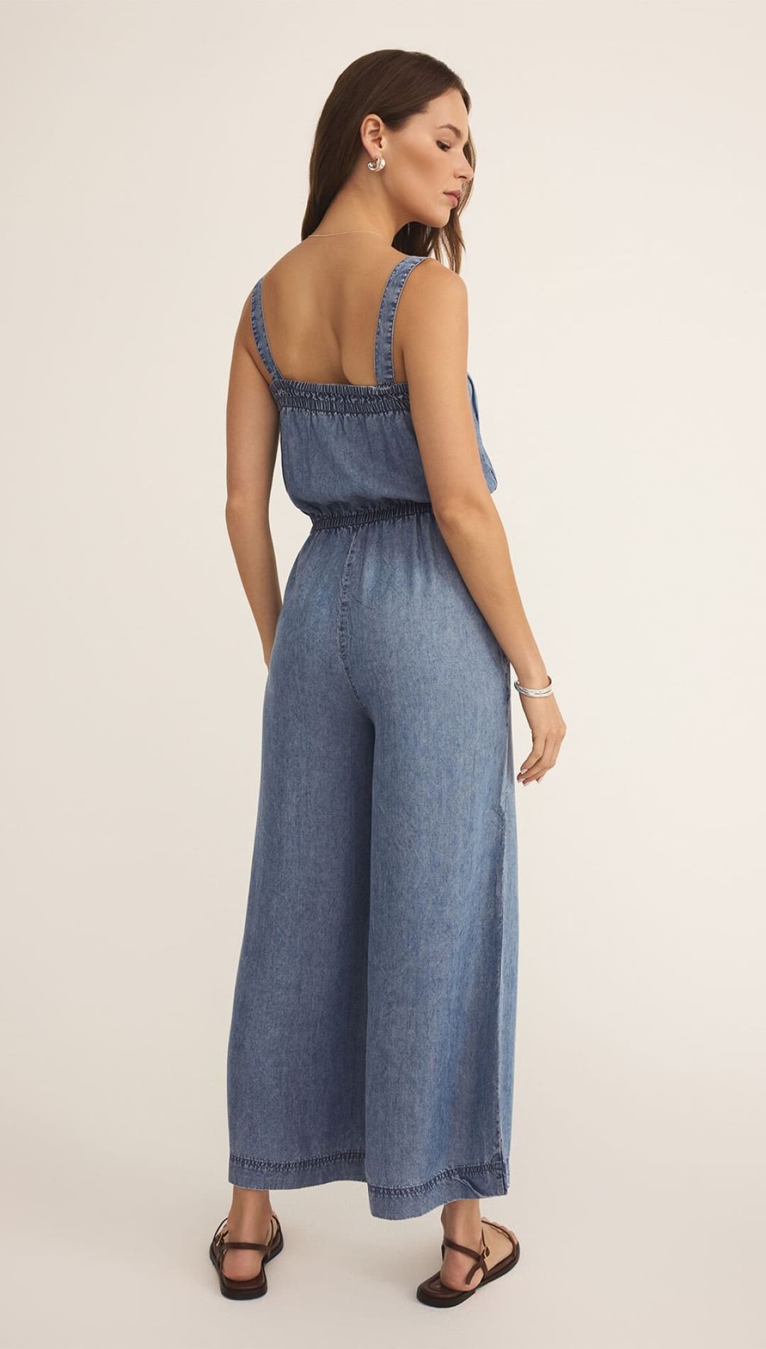 Denim wide-leg jumpsuit.