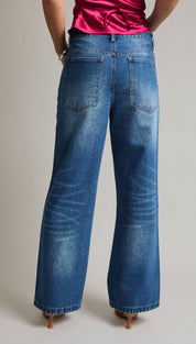 Blue denim wide-leg jeans with a faded wash and classic back pockets.