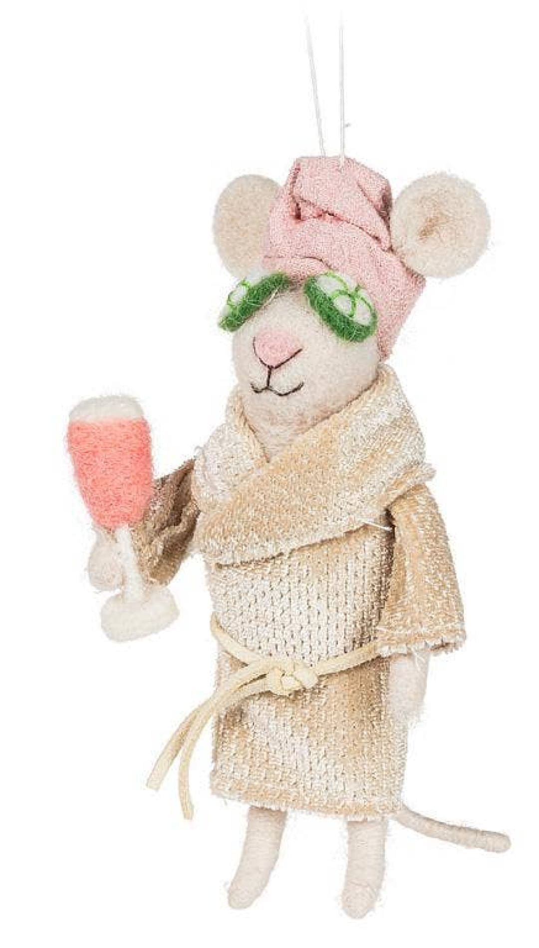 Gold robe mouse ornament with pink hat and green eye mask, holding champagne glass.