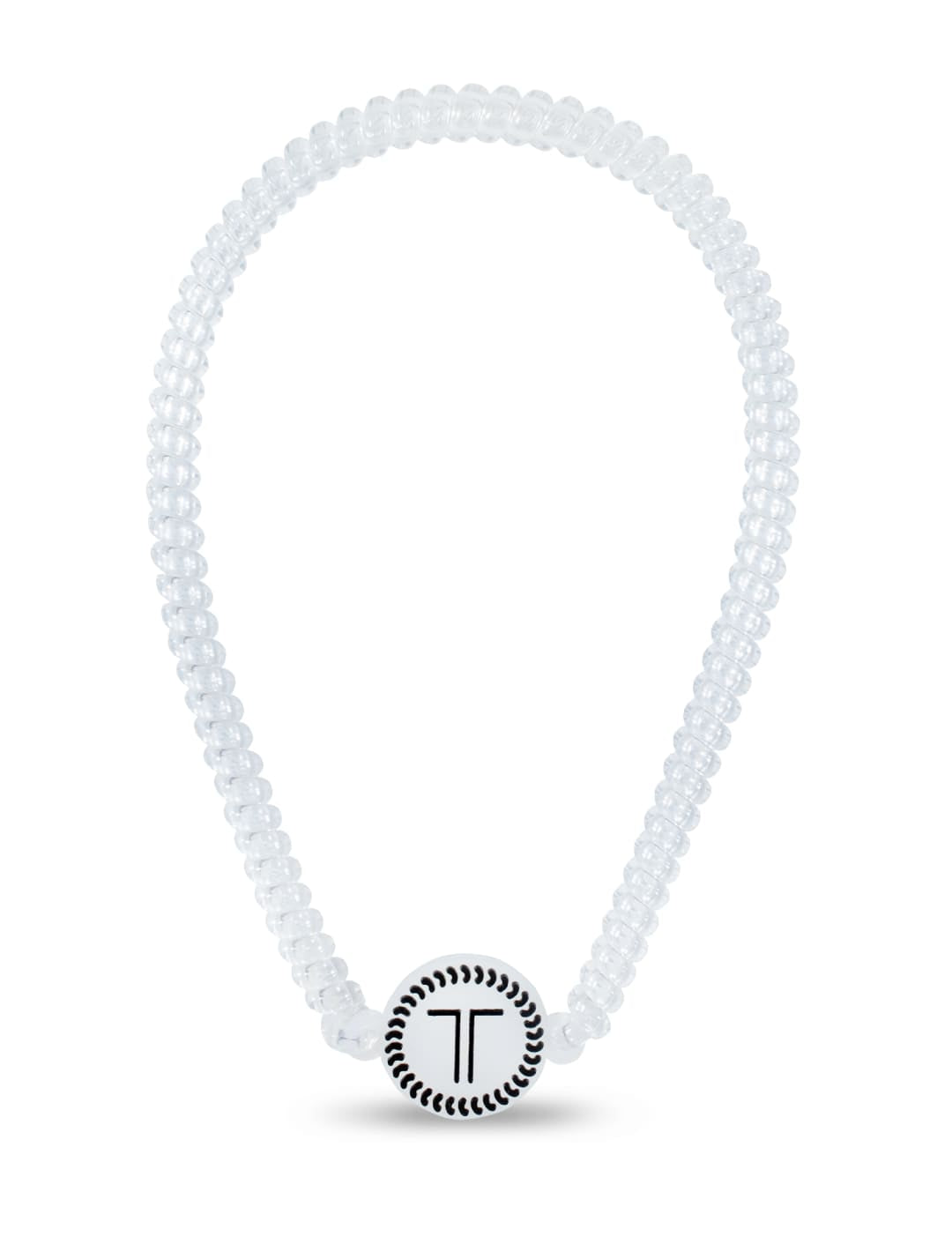 White diamond-studded necklace with a circular pendant featuring the letter ’t’ in silver.