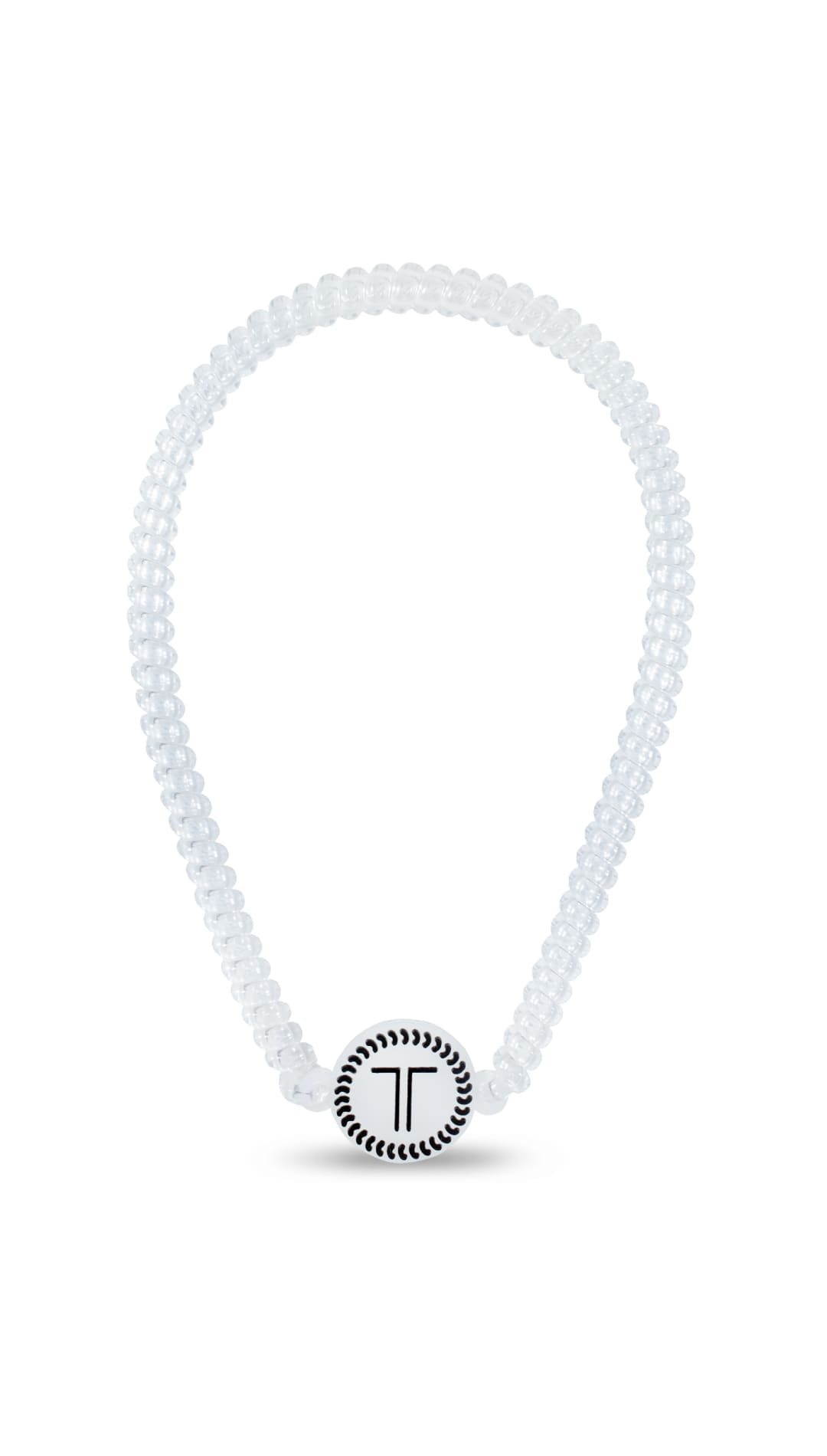 White diamond-studded necklace with a circular pendant featuring the letter ’t’ in silver.