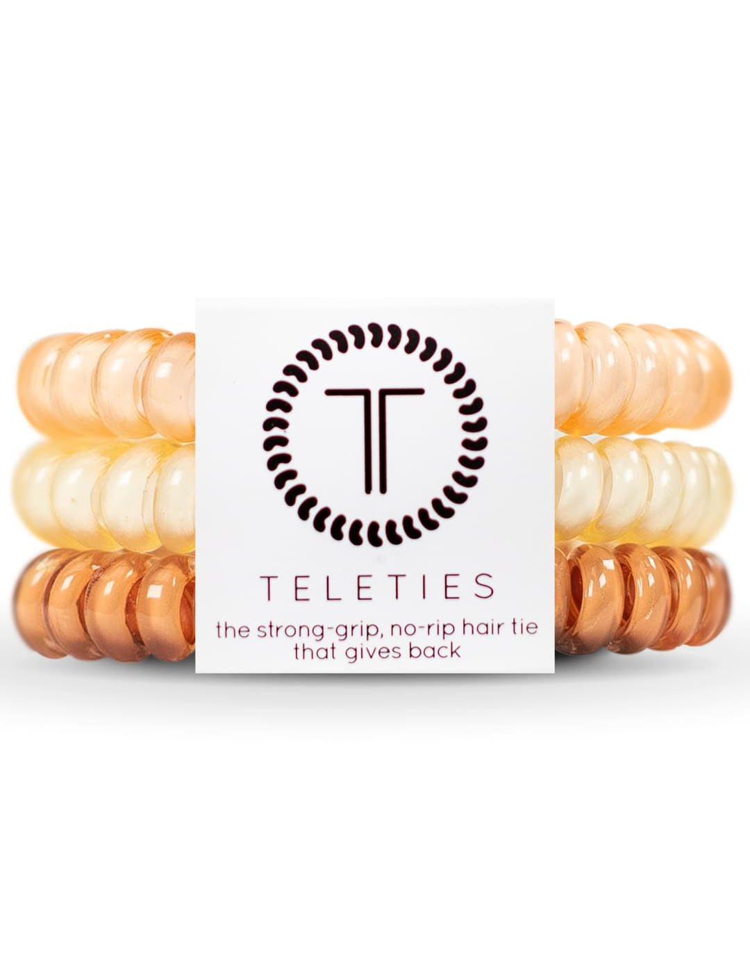 Orange and white spiral hair ties with a black logo.