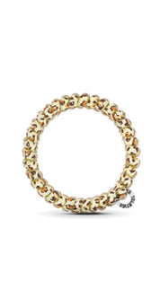 Gold chain link ring with intricate design and polished finish.