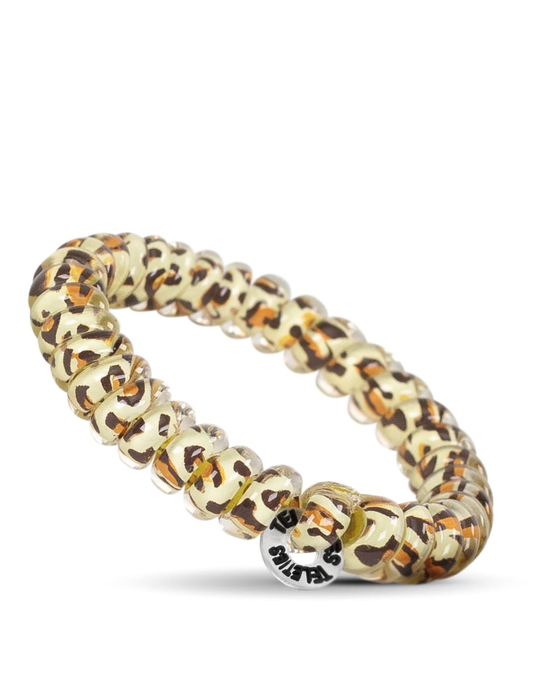 Leopard print beaded bracelet with gold accents and a silver clasp.