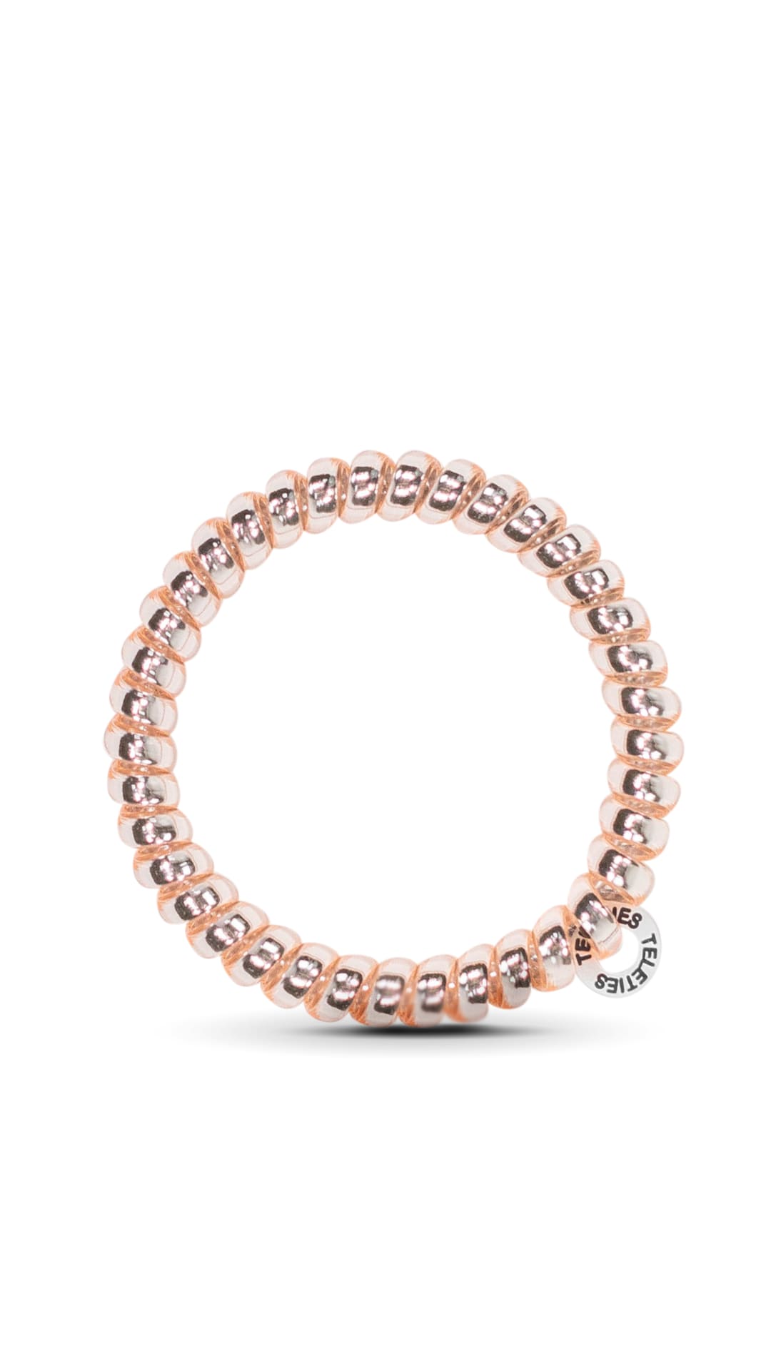 Rose gold beaded bracelet with a circular clasp and logo.