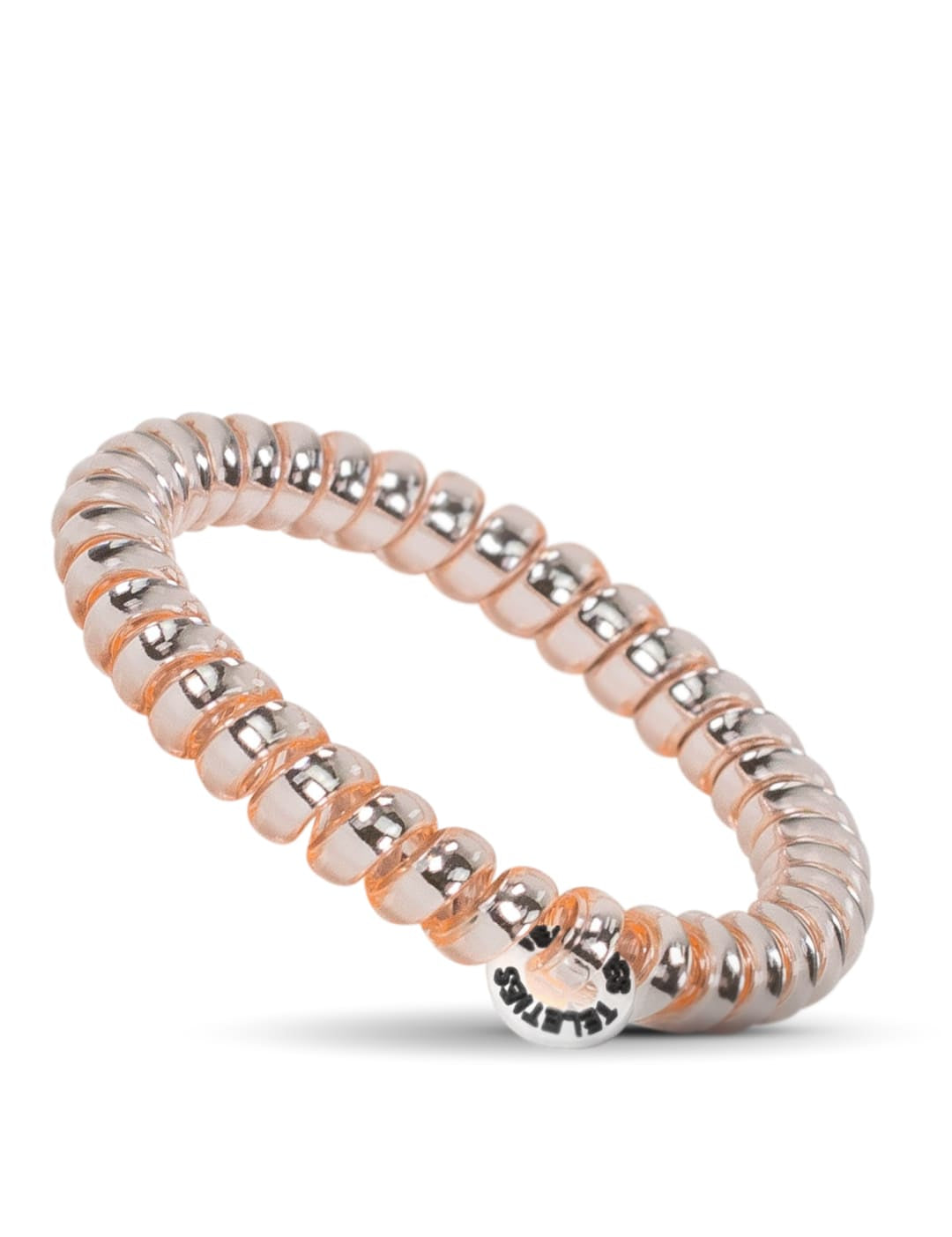 Rose gold beaded stretch bracelet with a small silver charm