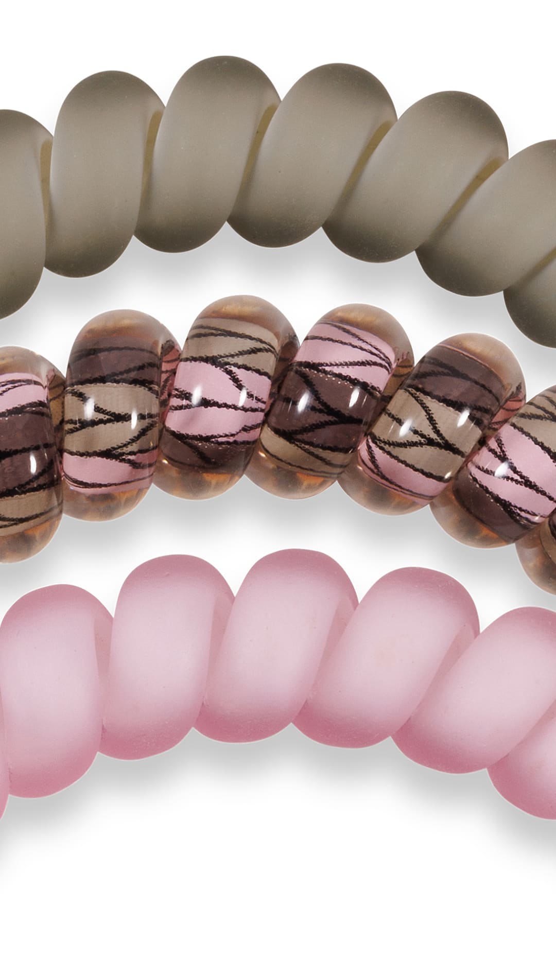 Pink and beige beaded bracelet with intricate brown swirls, likely ceramic or glass beads.