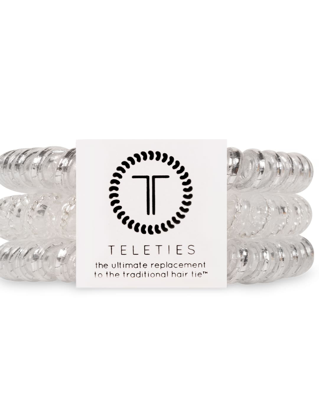 Silver beaded hair ties set with clear beads and a white card.