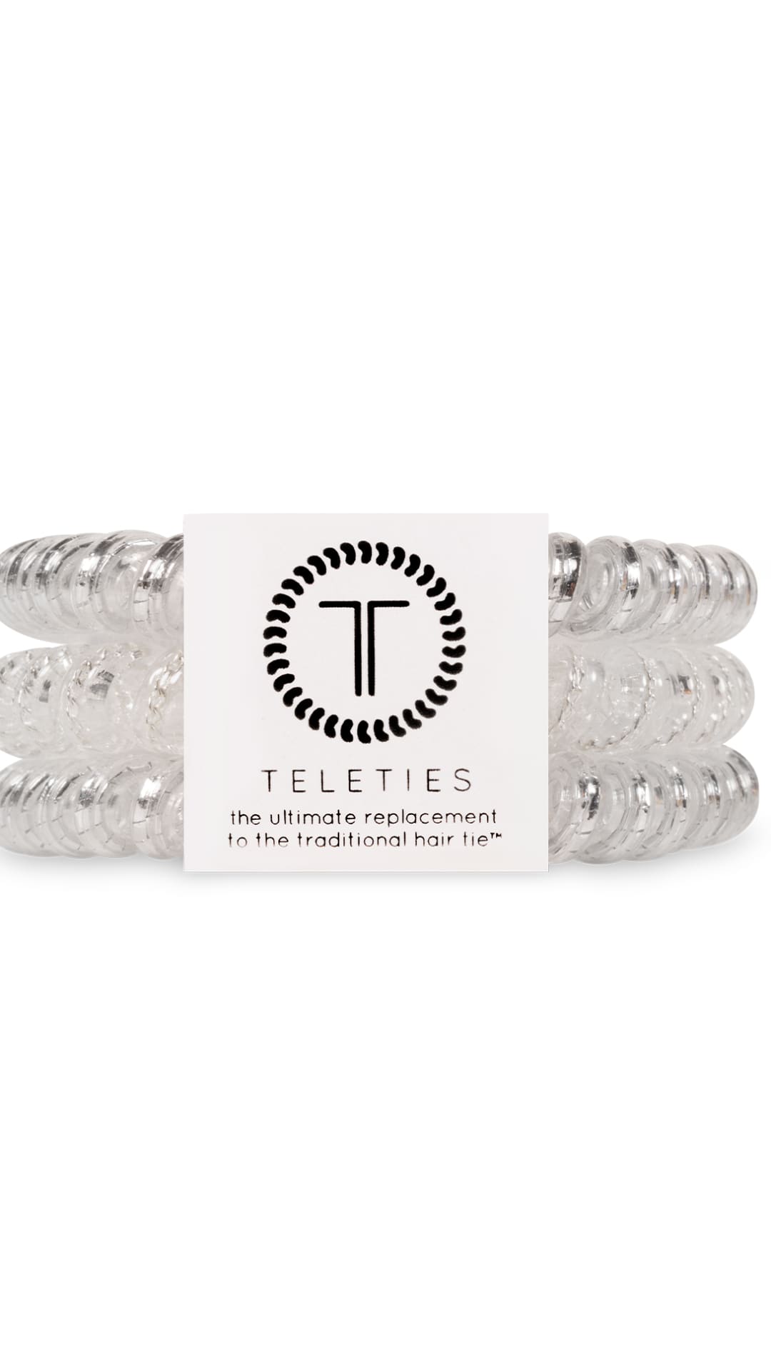 Silver beaded hair ties set with clear beads and a white card.