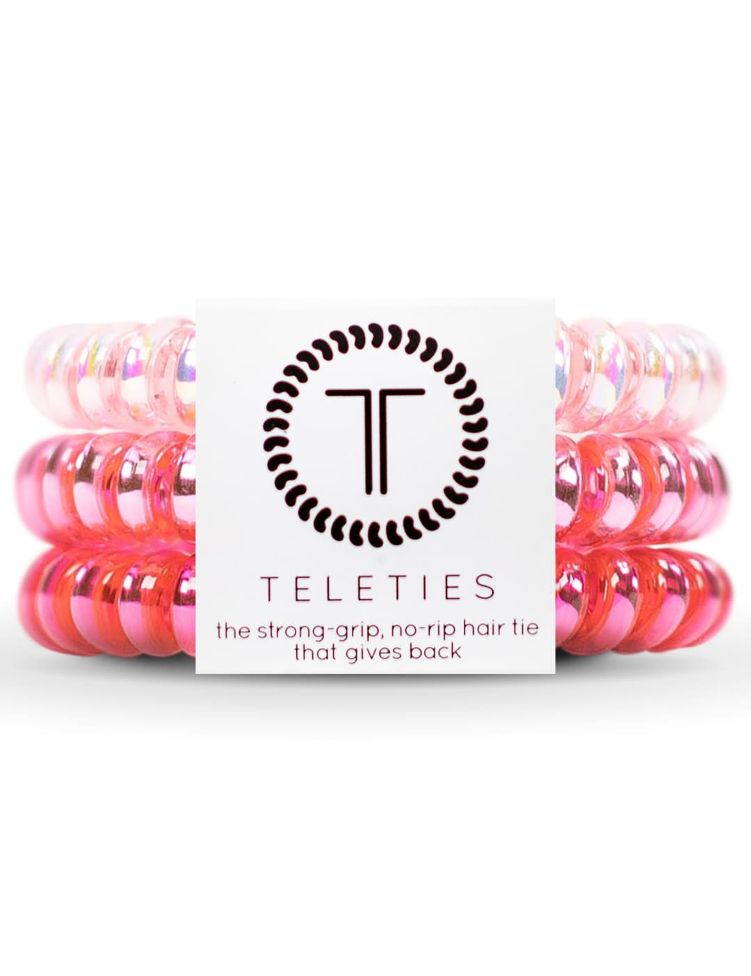 Pink and white spiral hair ties with a black logo.