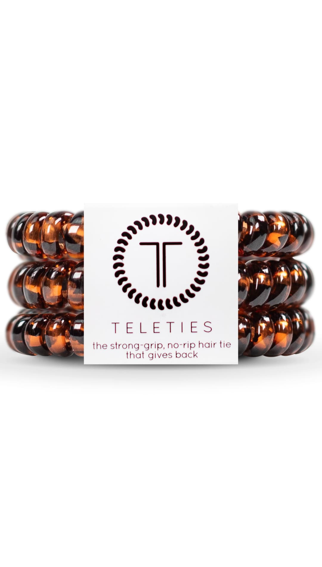 Brown braided hair ties with a metallic sheen and circular logo design.
