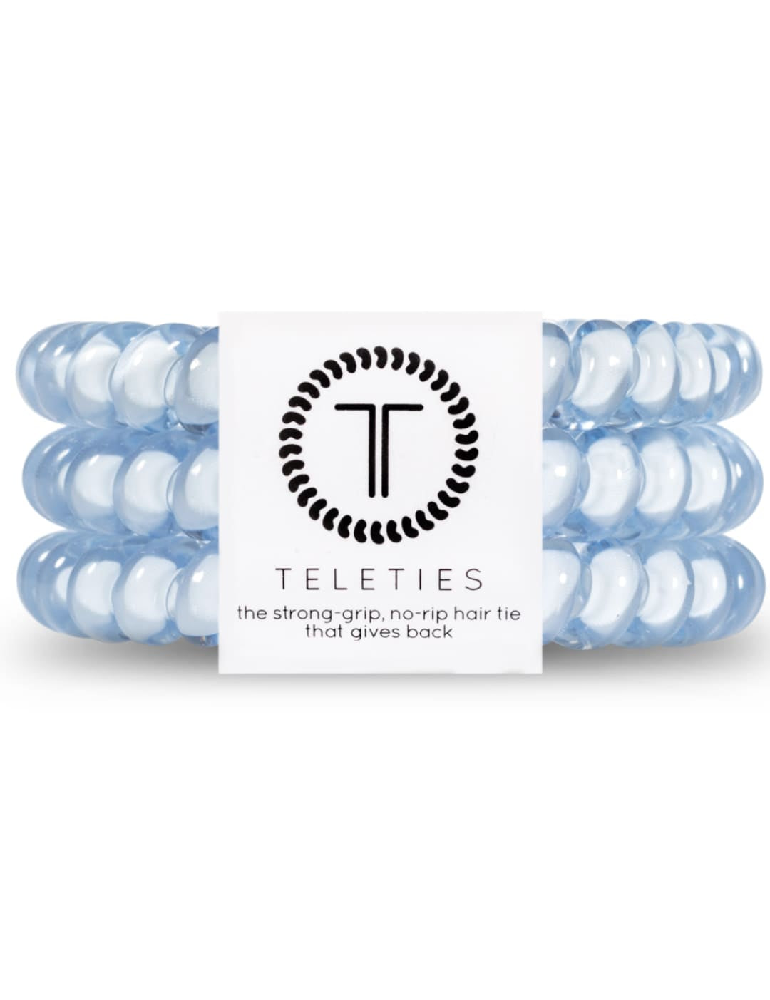 Blue and white braided hair ties with a circular logo.