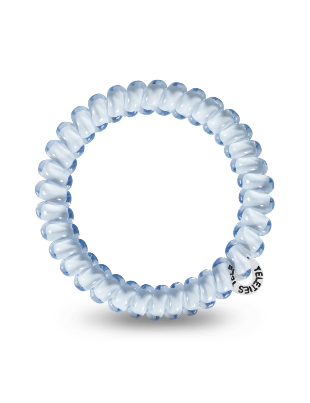 Silver spiral hair tie with a small logo on the side.