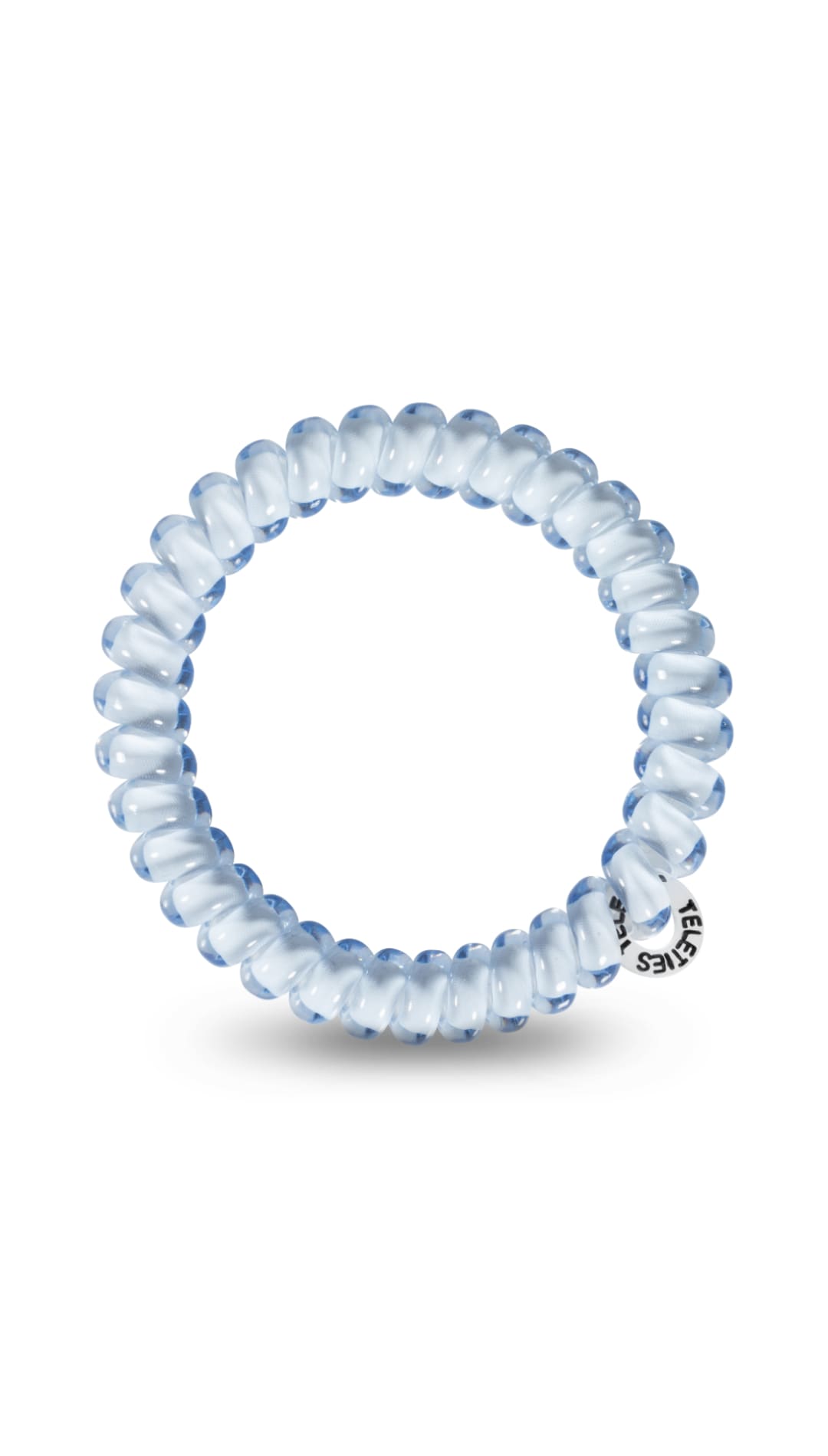 Silver spiral hair tie with a small logo on the side.