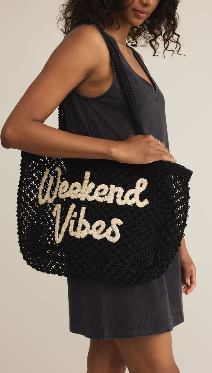 Black crocheted tote bag.