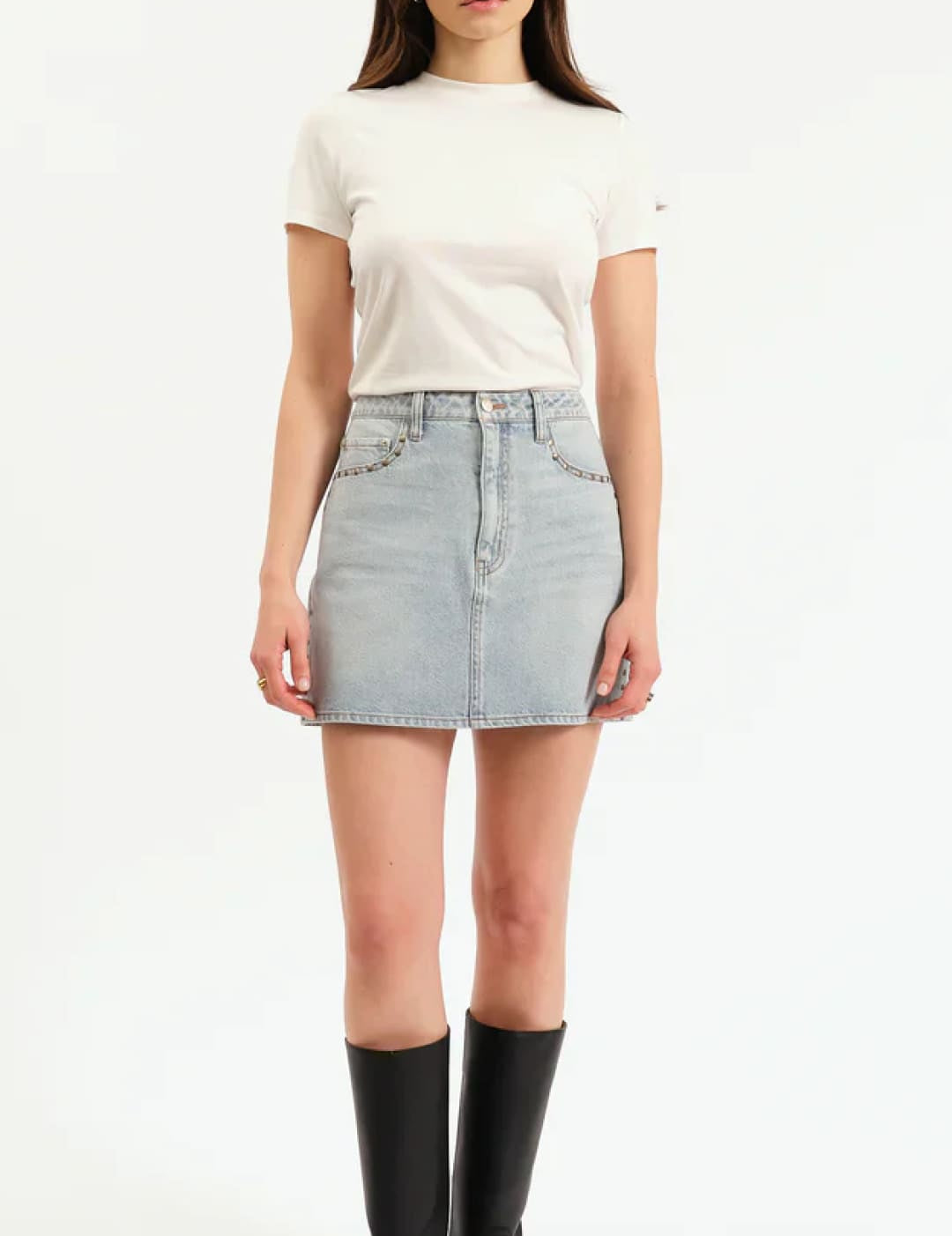 A light-wash denim mini skirt with a straight fit.