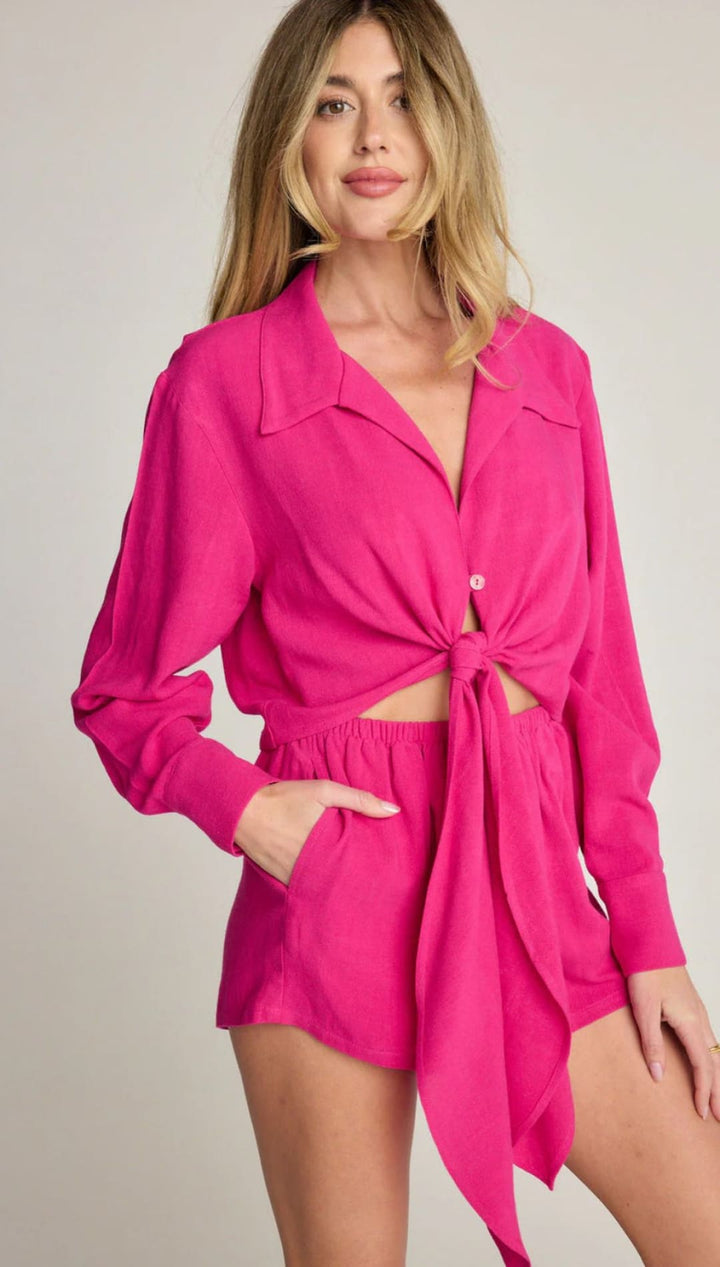 Hot pink tie-front shirt and shorts set.
